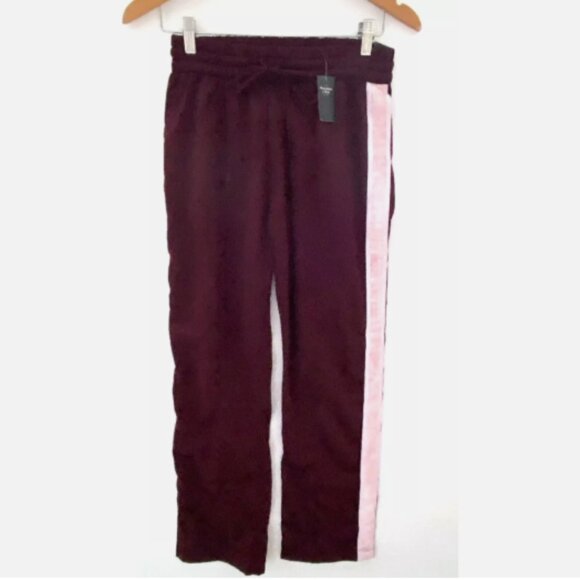 ABERCROMBIE & FITCH Burgundy Satin Pull on Track Pants Velvet Side Stripe XS NWT - Picture 1 of 4